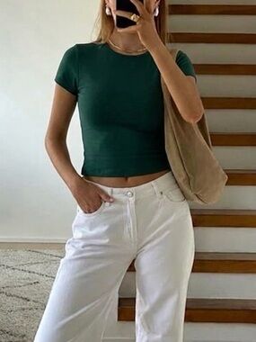 Women's Forest Green Crewneck Crop Tee